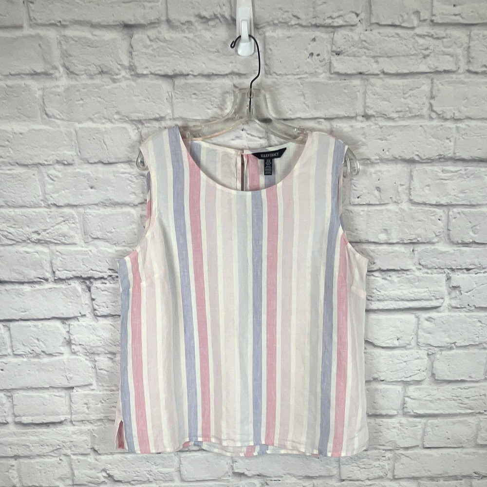 Ellen Tracy Linen Pastel Striped Sleeveless Top Blue Size XL Coastal Grandma
